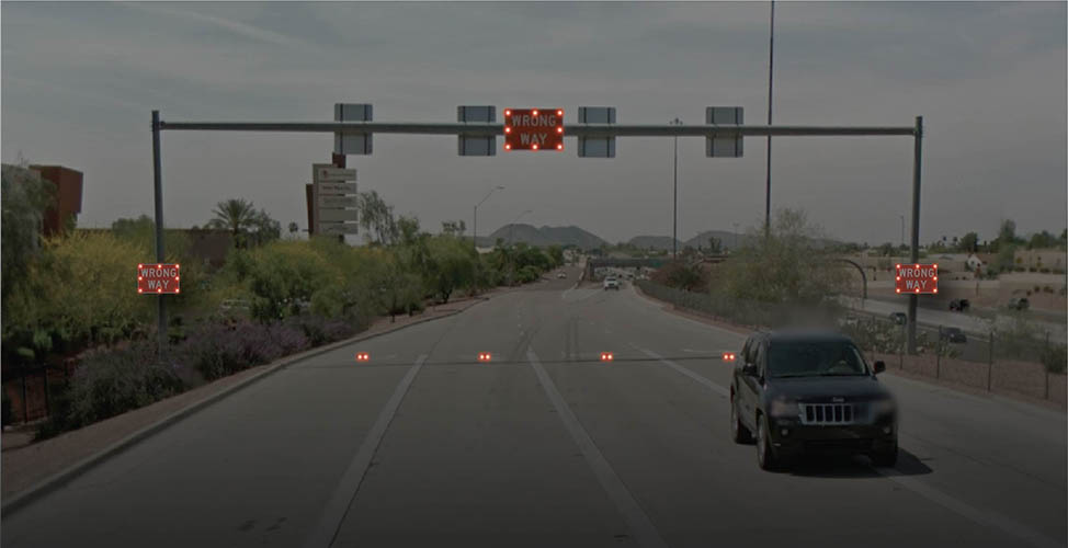 Wrong way warning in-road LED warning lights and LED enhanced signs